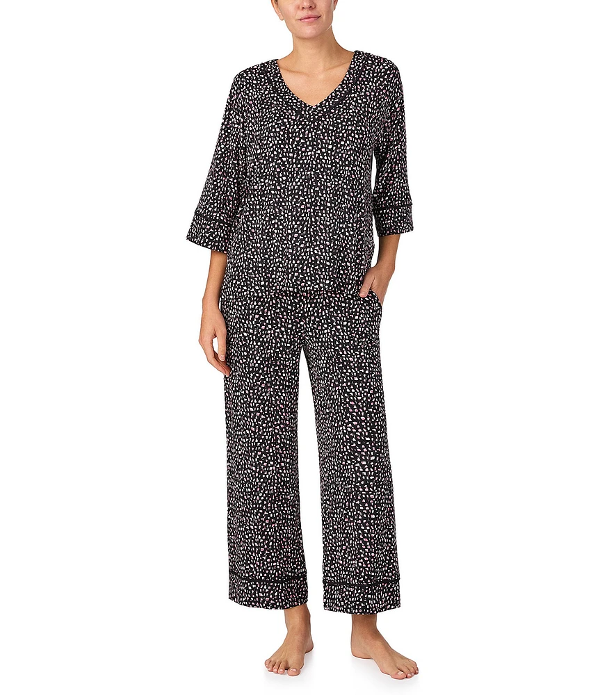 Donna Karan Texture Print Knit 3/4 Sleeve V-Neck Cropped Pajama Set