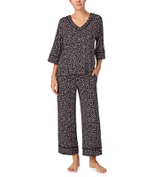 Donna Karan Texture Print Knit 3/4 Sleeve V-Neck Cropped Pajama Set