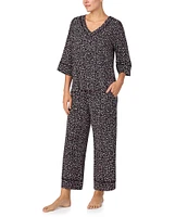 Donna Karan Texture Print Knit 3/4 Sleeve V-Neck Cropped Pajama Set