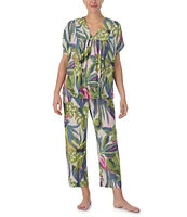 Donna Karan Tropical Printed Dolman Sleeve V-Neck Woven Cropped Pajama Set