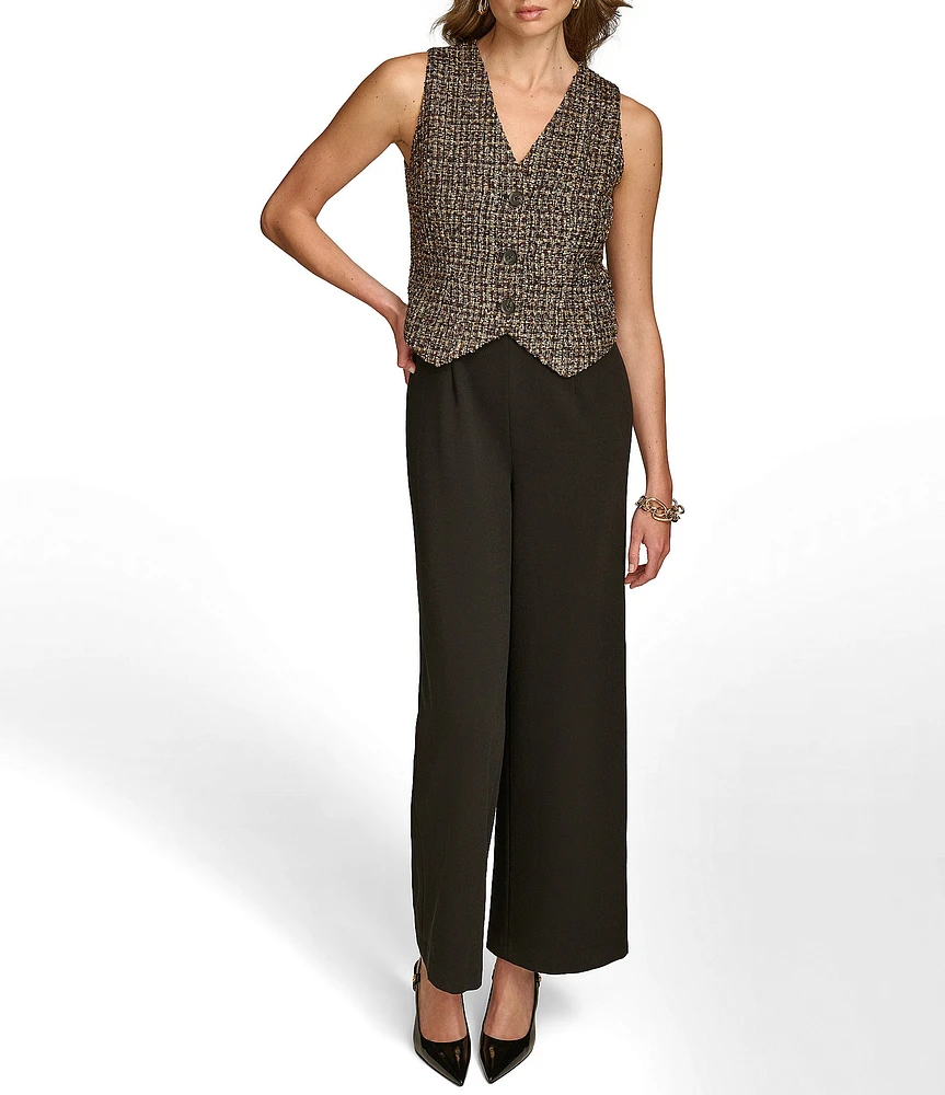 Donna Karan Tweed Cady Crepe V-Neck Sleeveless Flat Front Wide-Leg 2-Piece Pants Suit