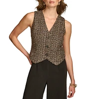 Donna Karan Tweed Cady Crepe V-Neck Sleeveless Flat Front Wide-Leg 2-Piece Pants Suit