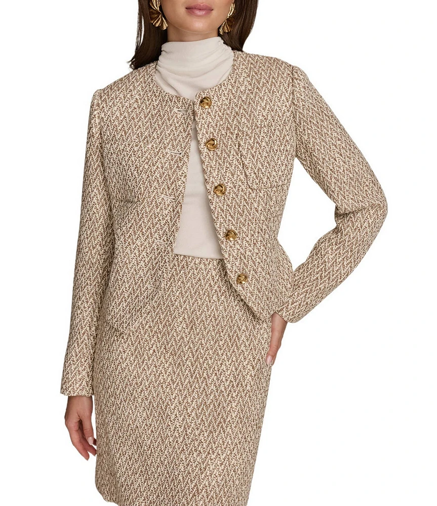 Donna Karan Tweed Collarless Crew Neck Button-Front Cropped Jacket