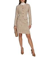 Donna Karan Tweed Collarless Crew Neck Button-Front Cropped Jacket