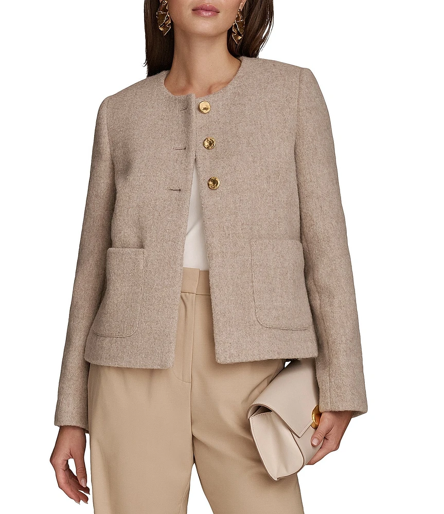 Donna Karan Tweed Crew Neck Patch Pocket Three-Button Jacket