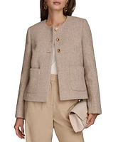 Donna Karan Tweed Crew Neck Patch Pocket Three-Button Jacket