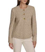 Donna Karan Tweed Crew Neck Patch Pocket Three-Button Jacket