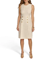 Donna Karan Tweed Crew Neck Sleeveless Button Detail Sheath Midi Dress