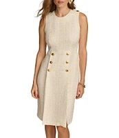 Donna Karan Tweed Crew Neck Sleeveless Button Detail Sheath Midi Dress