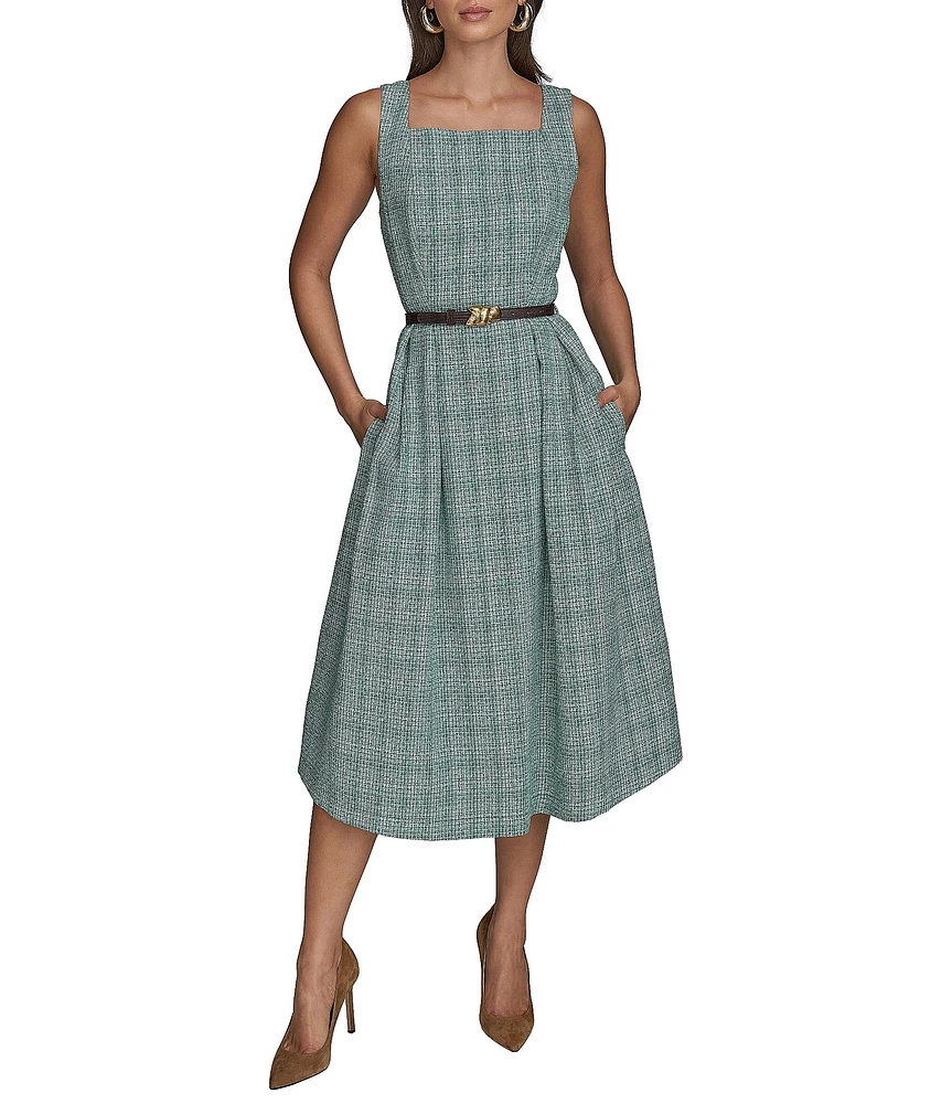 Donna Karan Tweed Square Neck Sleeveless Belted Fit and Flare Midi Dress