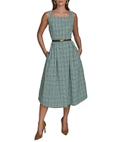 Donna Karan Tweed Square Neck Sleeveless Belted Fit and Flare Midi Dress