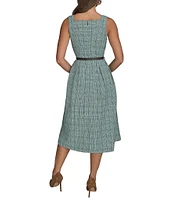 Donna Karan Tweed Square Neck Sleeveless Belted Fit and Flare Midi Dress