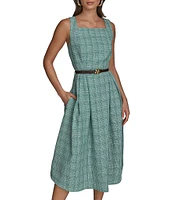 Donna Karan Tweed Square Neck Sleeveless Belted Fit and Flare Midi Dress
