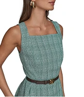 Donna Karan Tweed Square Neck Sleeveless Belted Fit and Flare Midi Dress