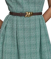 Donna Karan Tweed Square Neck Sleeveless Belted Fit and Flare Midi Dress