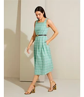 Donna Karan Tweed Square Neck Sleeveless Belted Fit and Flare Midi Dress