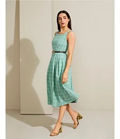 Donna Karan Tweed Square Neck Sleeveless Belted Fit and Flare Midi Dress