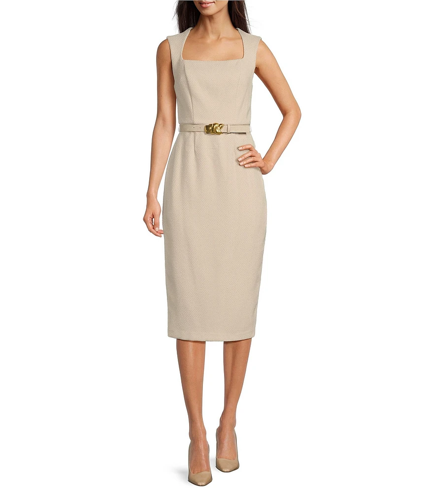 Donna Karan Tweed Square Neck Sleeveless Belted Sheath Midi Dress
