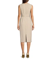Donna Karan Tweed Square Neck Sleeveless Belted Sheath Midi Dress