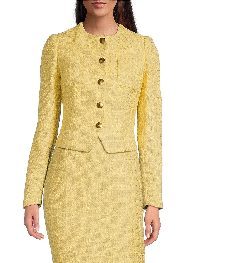 Donna Karan Tweed Round Neck Chest Pocket Button Front Jacket