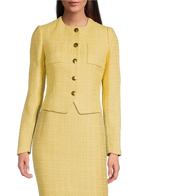 Donna Karan Tweed Round Neck Chest Pocket Button Front Jacket