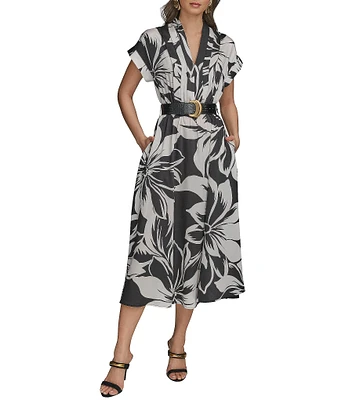 Donna Karan Twill V-Neck Belted Short Sleeve A-Line Floral Midi Dress