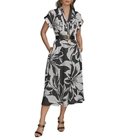 Donna Karan Twill V-Neck Belted Short Sleeve A-Line Floral Midi Dress