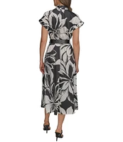 Donna Karan Twill V-Neck Belted Short Sleeve A-Line Floral Midi Dress
