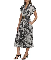 Donna Karan Twill V-Neck Belted Short Sleeve A-Line Floral Midi Dress