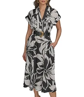 Donna Karan Twill V-Neck Belted Short Sleeve A-Line Floral Midi Dress