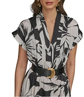 Donna Karan Twill V-Neck Belted Short Sleeve A-Line Floral Midi Dress