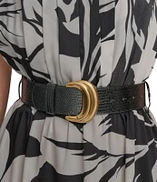 Donna Karan Twill V-Neck Belted Short Sleeve A-Line Floral Midi Dress