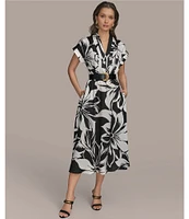 Donna Karan Twill V-Neck Belted Short Sleeve A-Line Floral Midi Dress
