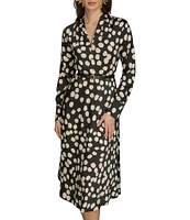 Donna Karan Twill V-Neck Long Sleeve Belted Sheath Midi Dress