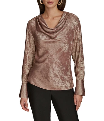 Donna Karan Two-Tone Metallic Cowl Neck Long Sleeve Top