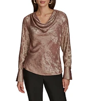 Donna Karan Two-Tone Metallic Cowl Neck Long Sleeve Top