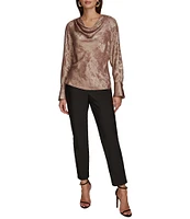 Donna Karan Two-Tone Metallic Cowl Neck Long Sleeve Top