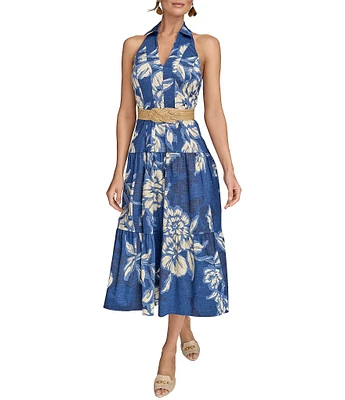 Donna Karan V-Neck Belted A-Line Midi Dress