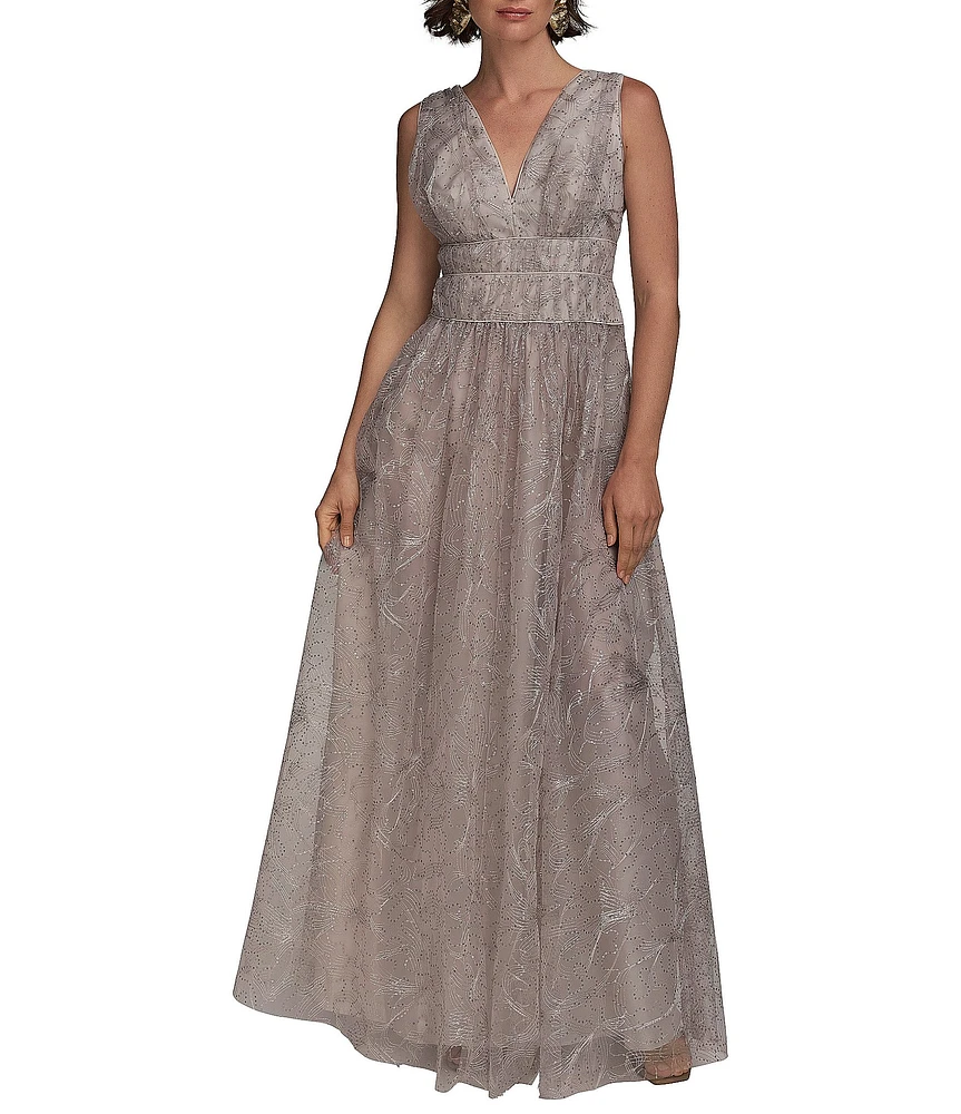 Donna Karan V-Neck Embroidered Mesh Sequin Dress