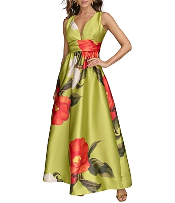 Donna Karan V-Neck Floral Print A-Line Dress