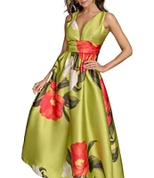Donna Karan V-Neck Floral Print A-Line Dress