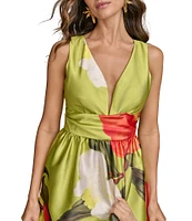 Donna Karan V-Neck Floral Print A-Line Dress