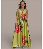 Donna Karan V-Neck Floral Print A-Line Dress