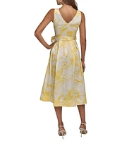 Donna Karan V-Neck Floral Print Cotton Sateen A-Line Dress