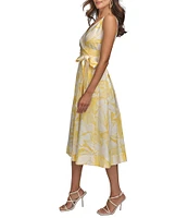 Donna Karan V-Neck Floral Print Cotton Sateen A-Line Dress