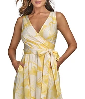 Donna Karan V-Neck Floral Print Cotton Sateen A-Line Dress