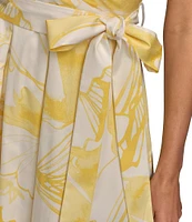 Donna Karan V-Neck Floral Print Cotton Sateen A-Line Dress