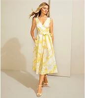 Donna Karan V-Neck Floral Print Cotton Sateen A-Line Dress