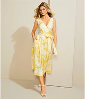 Donna Karan V-Neck Floral Print Cotton Sateen A-Line Dress