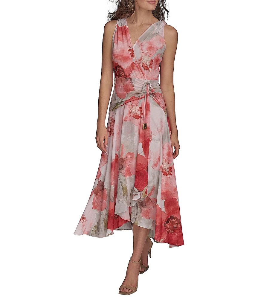 Donna Karan V-Neck Floral Print Sleeveless Chiffon Wrap Dress